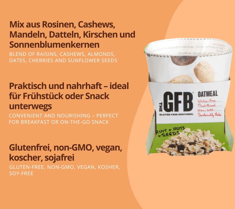 Fruit, Nuts & Seeds Oatmeal – veganes Protein-Frühstück mit Nüssen & Früchten. Glutenfrei & non-GMO. Jetzt kaufen bei Madevegan.