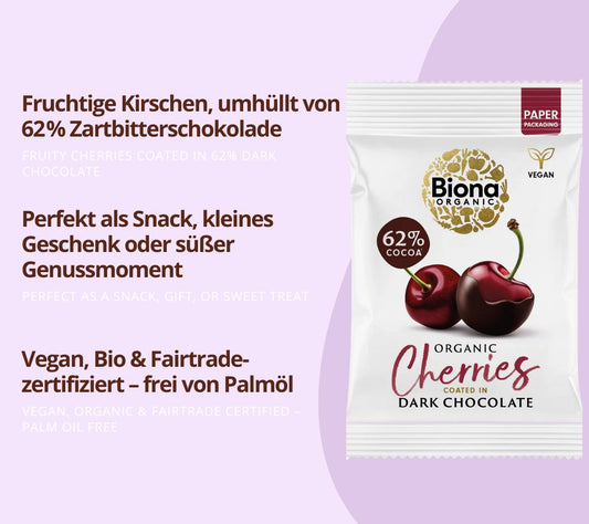 Dark Chocolate Coated Cherries in Bio-Qualität von Biona (45 g Beutel)