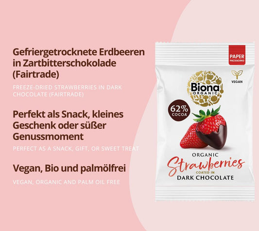 Dark Chocolate Coated Strawberries in Bio-Qualität von Biona (45 g Beutel)