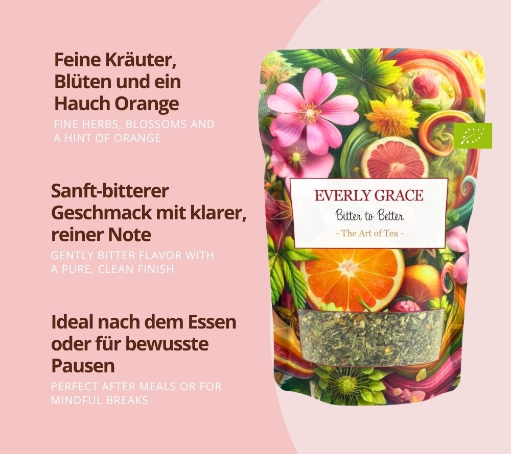 Everly Grace Bitter to Better Tea – Bio-Kräutertee mit Orange & Blüten. Jetzt online kaufen bei Madevegan für bewusste Genussmomente voller Balance.