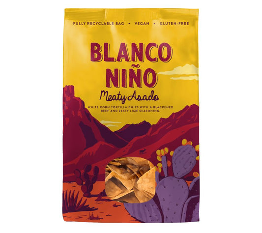 Meaty Asado Tortilla Chips von Blanco Niño kaufen – rauchige BBQ-Chips mit Limette. Aus nixtamalisiertem Mais, extra knusprig und perfekt für Dips, Tacos & Snackmomente.