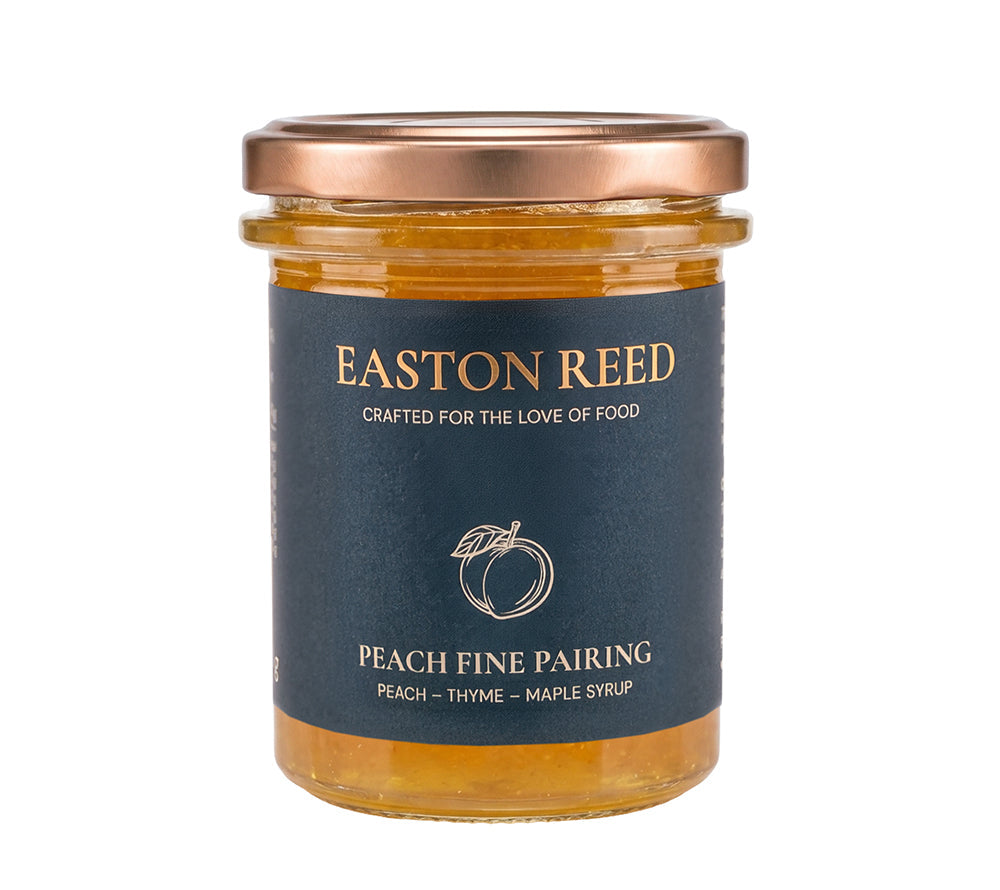 Peach Fine Pairing von Easton Reed kaufen – Pfirsich-Chutney mit Thymian & Ahornsirup. Vegan, fruchtig-süß & perfekt für BBQ, Pancakes und Käseplatten.