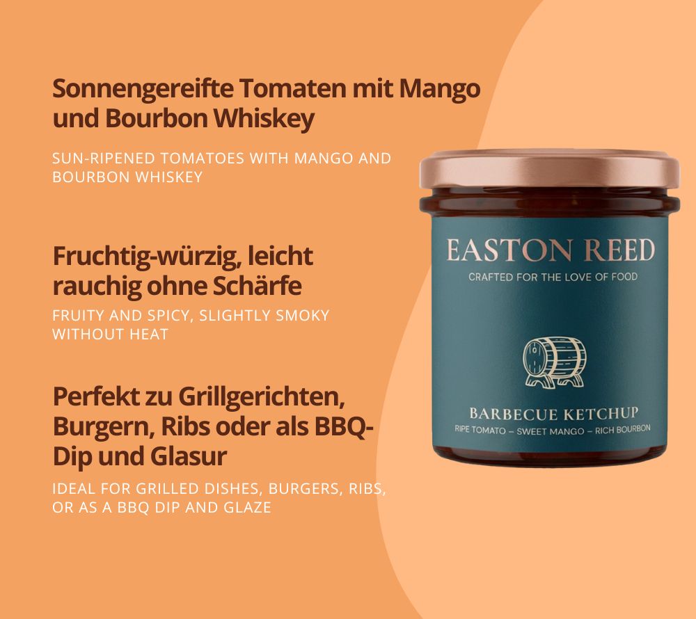 Entdecke den vollmundigen Barbecue Ketchup von Easton Reed: fruchtige Tomaten, sanfte Rauchigkeit und harmonische Gewürze – mild, aromatisch und perfekt für Burger, Grill & Pommes.