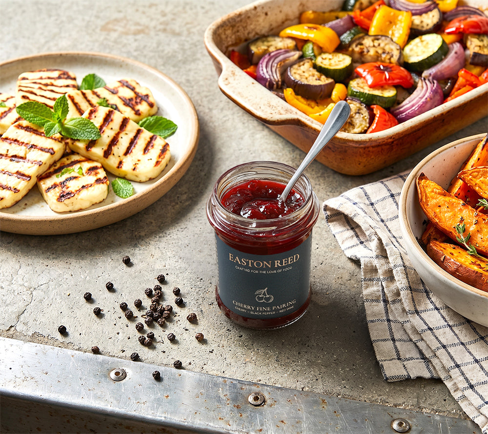 Cherry Fine Pairing von Easton Reed kaufen – Kirsch-Chutney mit schwarzem Pfeffer & Rotwein. Vegan, fruchtig-würzig & perfekt für Käseplatten, Burger und BBQ.