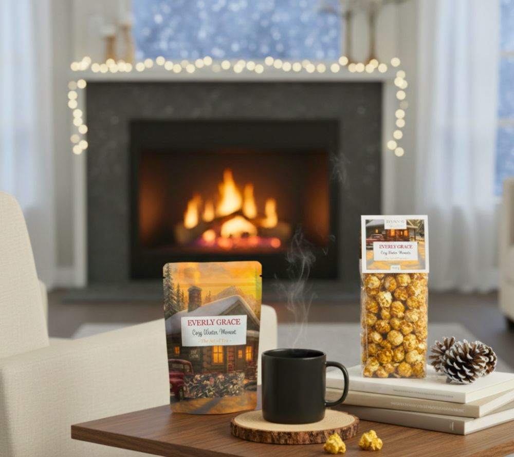 Everly Grace Cozy Winter Moments Popcorn – handgefertigt, karamellig & mit Mandelaroma. Jetzt online kaufen bei Madevegan für süßen Wintergenuss.