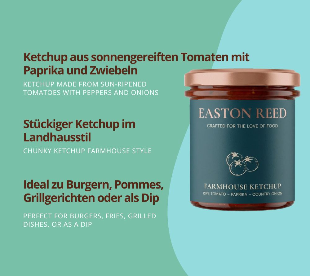 Entdecke den vollmundigen Barbecue Ketchup von Easton Reed: fruchtige Tomaten, sanfte Rauchigkeit und harmonische Gewürze – mild, aromatisch und perfekt für Burger, Grill & Pommes.