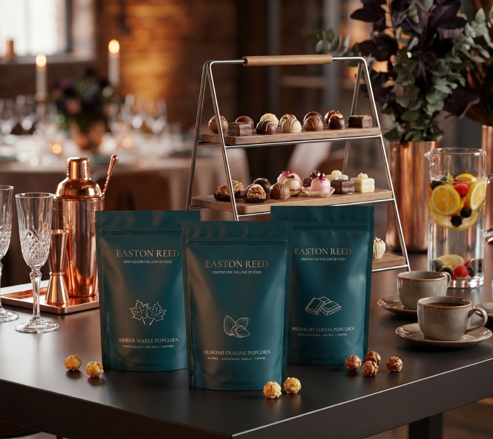 Almond Praline Gourmet Popcorn von Easton Reed kaufen – knuspriges Popcorn mit Mandeln, Karamell & Madagascar Vanille. Jetzt bei Madevegan entdecken!
