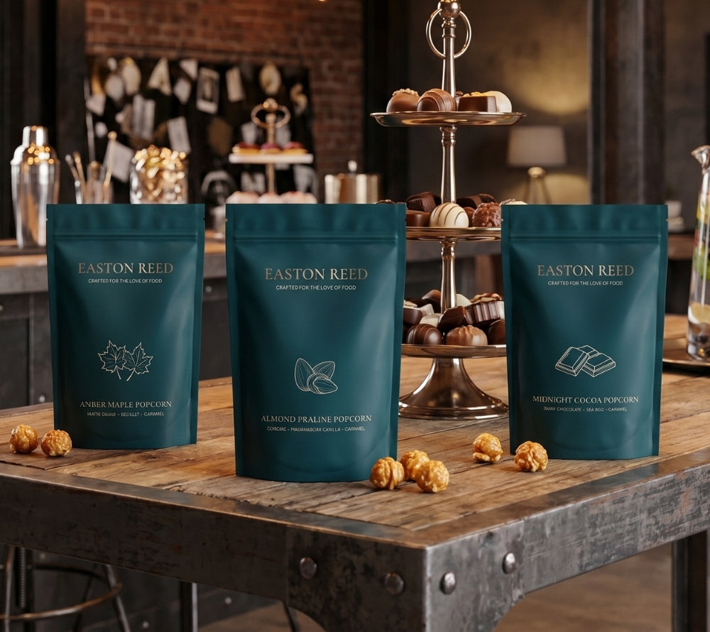 Almond Praline Gourmet Popcorn von Easton Reed kaufen – knuspriges Popcorn mit Mandeln, Karamell & Madagascar Vanille. Jetzt bei Madevegan entdecken!