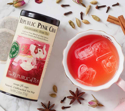 Pink Chai Herbal Tea von The Republic of Tea kaufen | koffeinfreie-farbenfrohe Auszeit für Dich | Chai-Gewürze mit süßer Frische