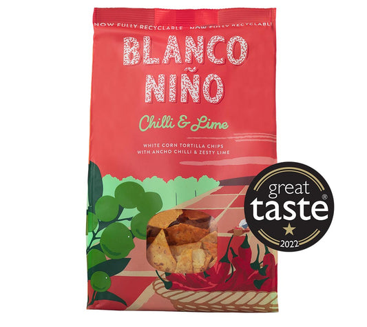 Chilli & Lime Tortilla Chips von Blanco Niño entdecken | 100 % vegan & glutenfrei | nach aztekischer Methode hergestellt | EU-weiter Versand