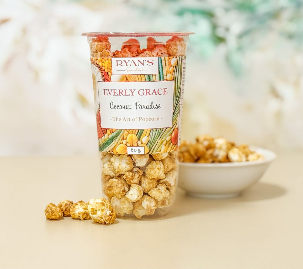 Feines Gourmet-Popcorn Coconut Paradise von Everly Grace ☆ tropischer Kokos-Überzug ☆ hohe Qualität ☆ 100 % vegan ☆ Jetzt probieren!