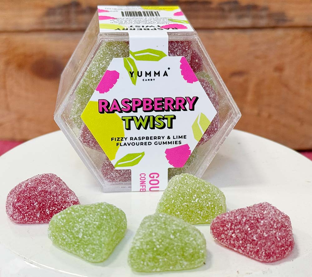 Raspberry Twist Hexagon Box von Yumma Candy | Viraler, veganer Candy-Hit aus London | Fusion aus Himbeere und Limette | Unfassbar lecker